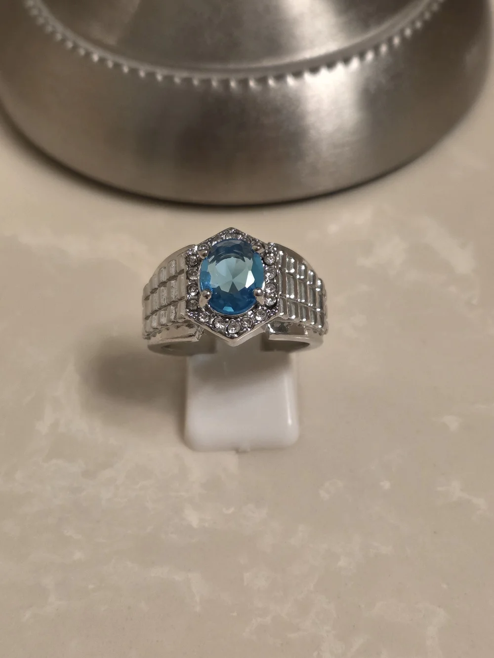 Men's Silver CZ and Aquamarine Statement Ring Size 10